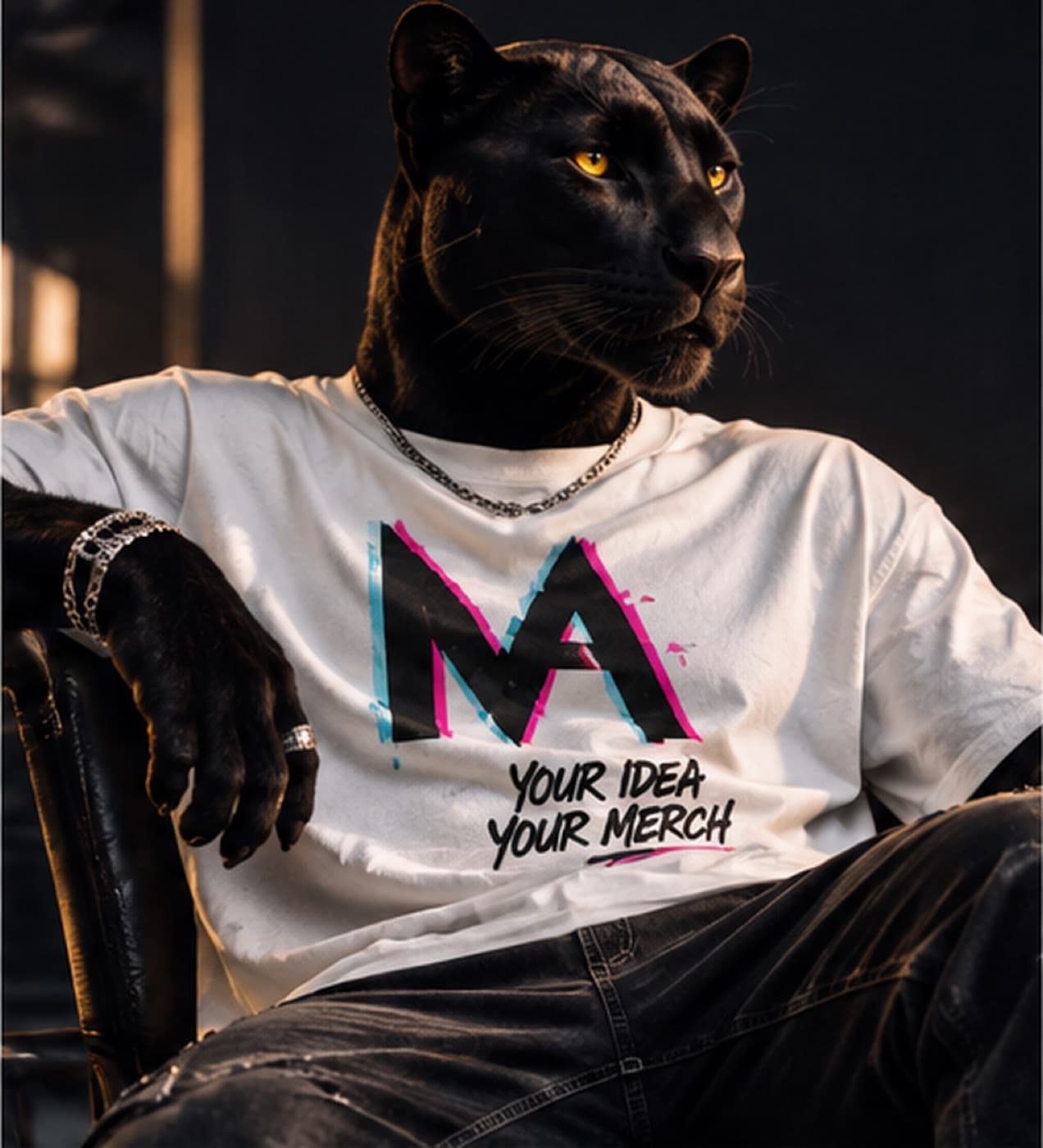 Panther wearing MerchAwesome Drop 001: White tee · CMY front print